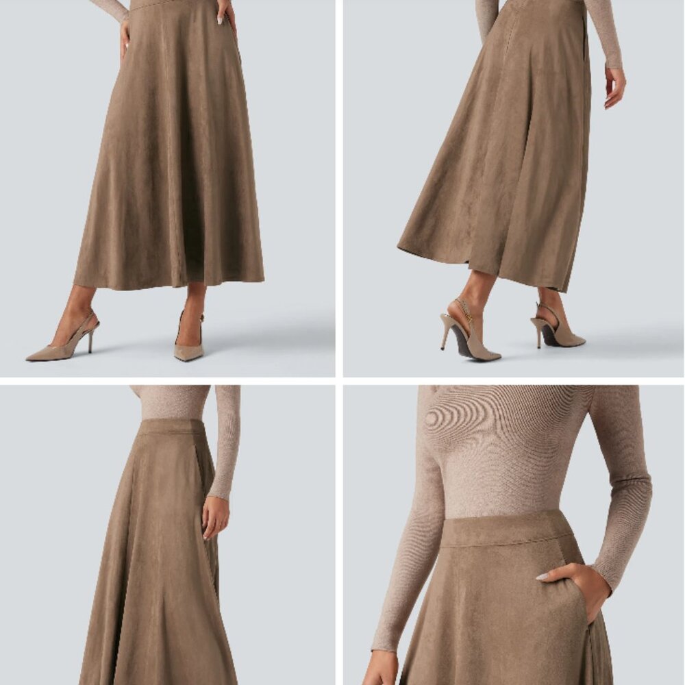High Waisted Suede Midi Casual Flare Skirt with Pockets